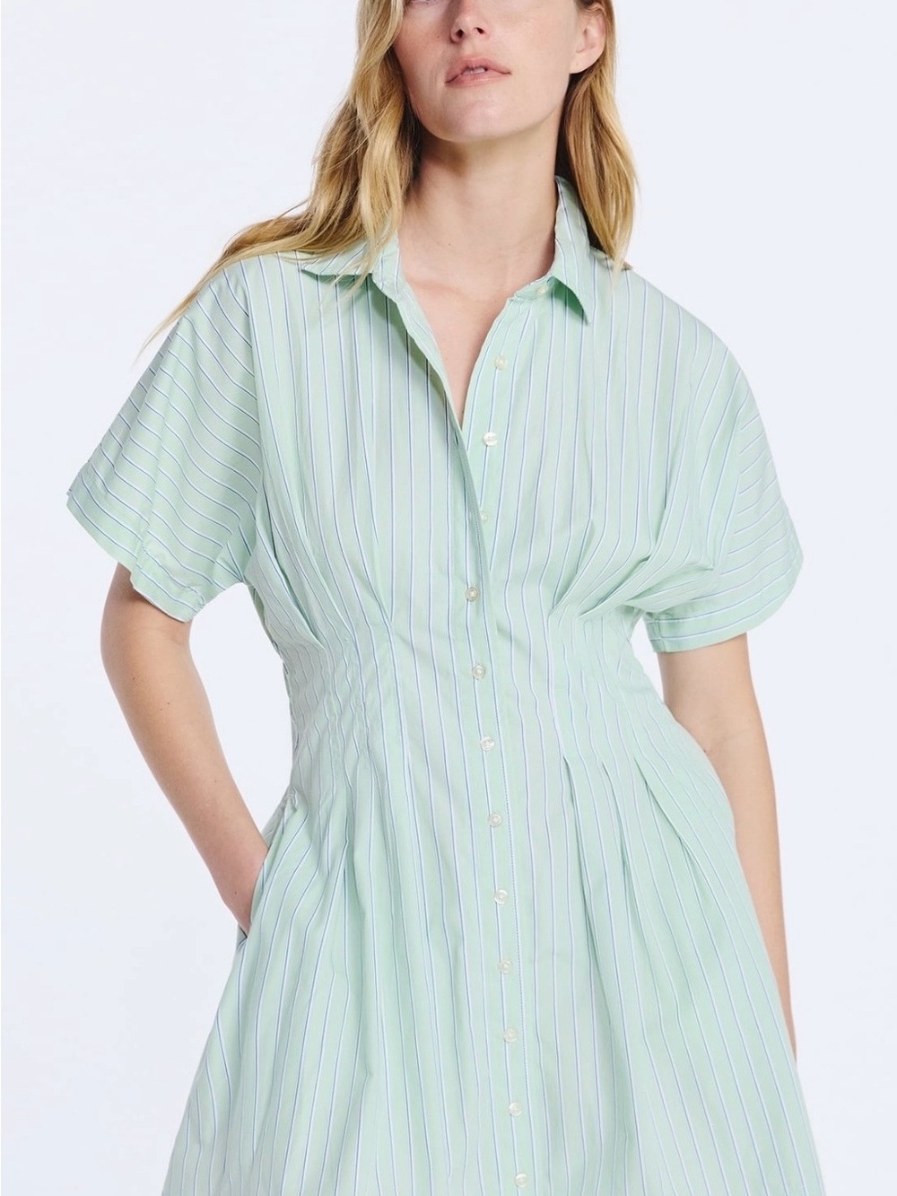 Mint Stripe Button-Down Shirt Dress with Pleated Waist